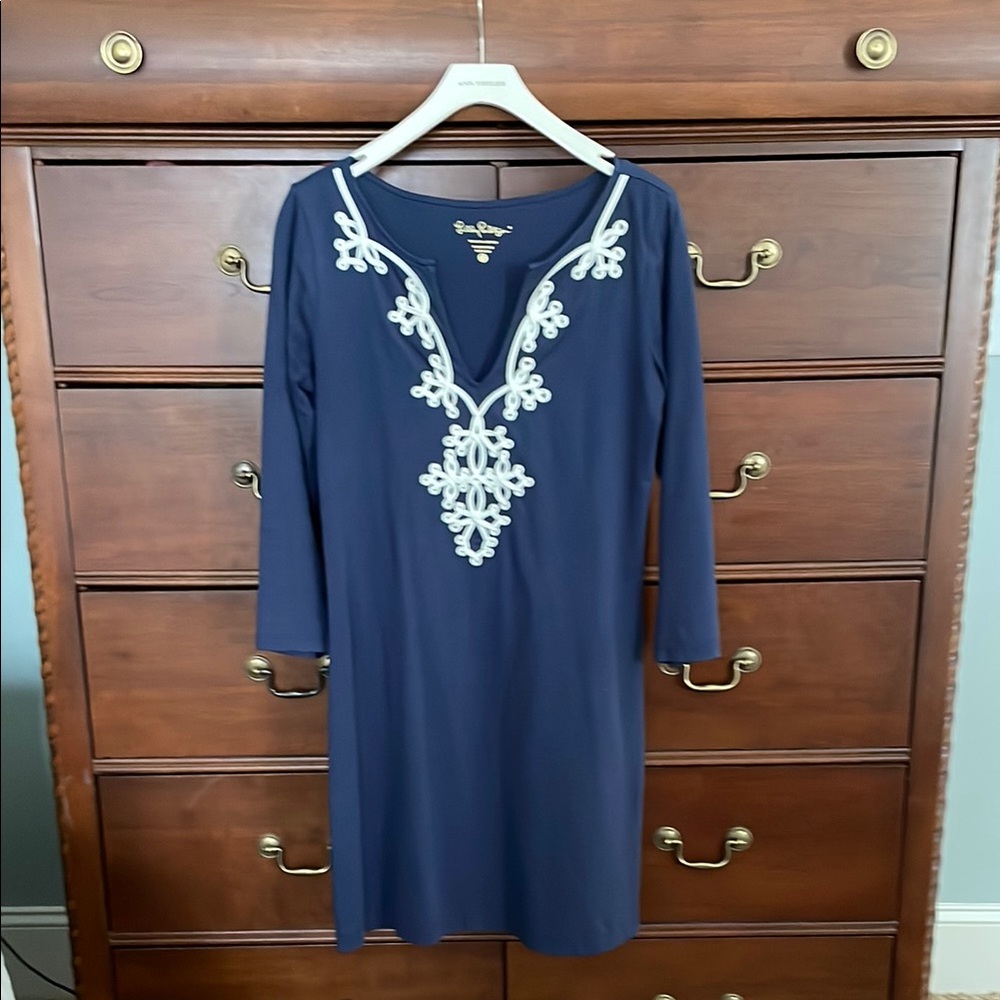 Lilly Pulitzer Navy Blue Pima Cotton 3/4 Sleeve Dress w white detailing